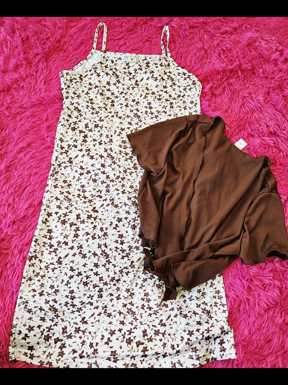 SHEIN Cream Floral Slip Dress with Brown Knit Wrap